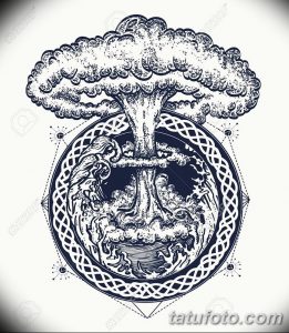 Nuclear explosion tattoo art. Symbol of destruction and death, end of world, last war, tsunami and nuclear explosion t-shirt design