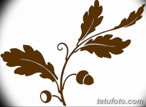 Простой эскиз татуировки с изображением дубовой ветки с желудями, выполненный в коричневых тонах. Минималистичный дизайн.