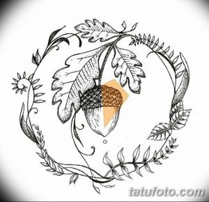 Черно-белый эскиз татуировки с изображением дубового листа и желудя, заключенных в декоративный круг. Детализированный рисунок.