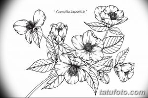 Черно-белый эскиз татуировки с веткой камелии, усыпанной цветами и листьями. Идеально для женских тату на спине или боку.