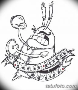 Черно-белый эскиз тату краба-скелета с лентой, на которой написана фраза "Death Before Dishonor".