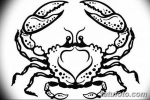 Простой черно-белый эскиз тату краба, украшенный точками. Рисунок имеет четкие контуры и минималистичный дизайн.