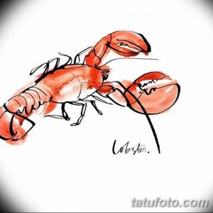 Эскиз татуировки лобстера, выполненный в технике акварели с использованием красных и черных оттенков. Подходит для тех, кто ценит оригинальность и художественность.