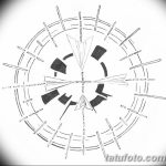Черно-белый эскиз татуировки с геометрическим узором, изображающим летящие самолеты. Круглые элементы и острые линии создают динамичный эффект.