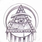 Черно-белый эскиз татуировки с изображением всевидящего ока в треугольнике. Рисунок выполнен с использованием теней и текстур.