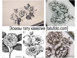 Коллаж из нескольких эскизов татуировок камелии, выполненных в технике графики, с различной степенью детализации.