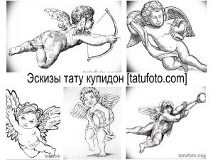 Фото эскизов татуировок: подборка черно-белых эскизов с изображением купидонов в разных позах. Классические рисунки татуировок.