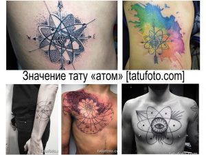 Фото тату с изображением атома в стиле дотворк и акварель. Эскиз татуировки с научной тематикой, выполненный на плече.