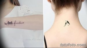 Фото татуировок на руке и шее девушки, изображающих птичек и надпись "familia". Рисунок татуировки выполнен в минималистичном стиле.
