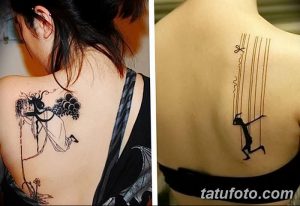 Фото тату: сюрреалистичные татуировки на спине девушки, кукла, марионетка, нити, черно-белые рисунки.