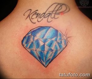 Фото тату бриллианта на шее с надписью 'Kendall'. Голубой рисунок татуировки в реалистичном стиле.