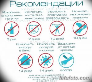 Фото тату с инфографикой, содержащей рекомендации по уходу за свежей татуировкой: избегать алкоголя, солнца, спорта и т.д.