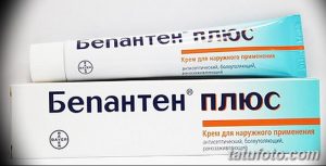 Фото тату средства Бепантен Плюс, используемого для ухода за свежими татуировками, для ускорения заживления и предотвращения инфекций.