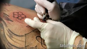 Фото процесса нанесения контура татуировки цветка сакуры. Мастер в перчатках аккуратно обрисовывает будущий рисунок.