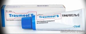 Фото упаковки и тюбика мази Traumeel S, используемой для ухода за свежими татуировками. На упаковке указано назначение мази и ее состав.