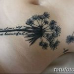 Фото тату одуванчика с цитатой на груди. Черно-белый рисунок с детальной проработкой одуванчика и красивой каллиграфией.