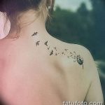 Фото тату одуванчика и летящих птиц на спине девушки. Нежный и символичный рисунок татуировки.