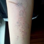Фото тату одуванчика на предплечье, выполненного в нежных пастельных тонах. Легкий и воздушный рисунок татуировки.