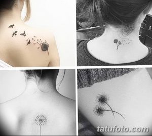 Фото коллажа из миниатюрных тату одуванчиков на шее и спине. Черно-белые рисунки татуировок, выполненные в минималистичном стиле, создающие нежный и романтичный образ.