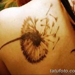 Фото татуировки одуванчика с птицами, выполненной в технике dotwork на плече. Черно-белый рисунок, состоящий из множества точек.