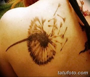 Фото татуировки одуванчика с птицами, выполненной в технике dotwork на плече. Черно-белый рисунок, состоящий из множества точек.