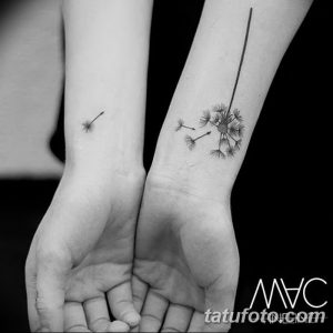 Фотография парных татуировок одуванчиков на запястьях. Изображены минималистичные рисунки одуванчиков, выполненные тонкими линиями.