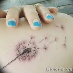 Фотография минималистичной татуировки одуванчика на руке. Изображены пушинки одуванчика, улетающие по ветру, выполненные тонкими линиями.
