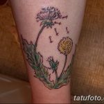 Фото яркой татуировки одуванчика с летящими ключиками и небольшими фигурками людей на ноге, выполненной в мультяшном стиле.