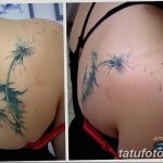 Фото татуировки одуванчика на спине и бедре, выполненное в реалистичной технике с использованием ярких цветов и оттенков.