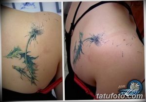 Фото татуировки одуванчика на спине и бедре, выполненное в реалистичной технике с использованием ярких цветов и оттенков.