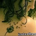 Фото тату одуванчика на плече, выполненное в черно-белой гамме. Простой и элегантный рисунок с акцентом на детали семян.