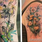 Фото двух акварельных татуировок одуванчиков на руке. Красочные рисунки татуировок с использованием техник акварели и брызг краски.