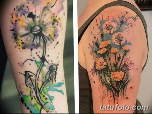 Фото двух акварельных татуировок одуванчиков на руке. Красочные рисунки татуировок с использованием техник акварели и брызг краски.