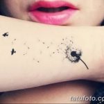 Фото татуировки одуванчика с разлетающимися семенами и силуэтами птиц на запястье. Минималистичный черно-белый рисунок.