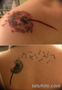Фото черно-белой татуировки одуванчика на плече, с детально прорисованными семенами и стеблем.