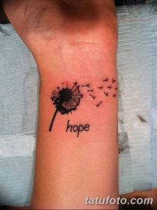 Фото тату одуванчика с надписью 'hope' на запястье. Черно-белый рисунок татуировки выполнен в минималистичном стиле.