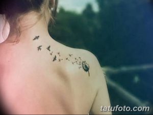 Фото тату одуванчика с разлетающимися птицами на женской спине. Черно-белый рисунок татуировки выполнен в минималистичном стиле.