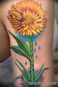 Фото реалистичной татуировки одуванчика на плече. Яркий рисунок татуировки с использованием желтых, зеленых и синих оттенков, выполненный опытным мастером тату.