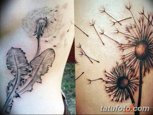 Фото двух тату одуванчика на разных участках тела. Один тату выполнен в минималистичном стиле, другой - в реалистичном.