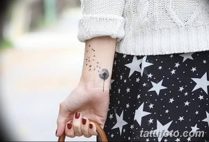 Фото тату одуванчика с разлетающимися семенами на запястье, выполненное в минималистичном стиле. Тонкие линии и лаконичный дизайн.