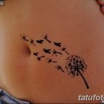 Фото татуировки на животе с изображением одуванчика, из которого вылетают птицы, выполненное тонкими черными линиями.