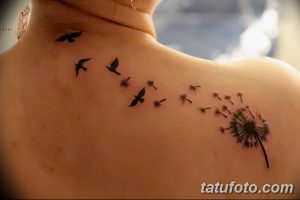 Фото татуировки на спине с изображением одуванчика, из которого вылетают птицы, выполненное в черном цвете с добавлением небольших деталей.