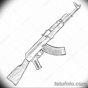 Черно-белый эскиз татуировки автомата Калашникова, выполненный тонкими линиями. Идеально подходит для любителей минимализма и военной тематики.