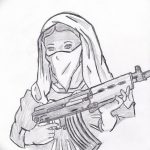 Эскиз татуировки, изображающий девушку в платке с автоматом Калашникова в руках. Черно-белый рисунок, выполненный карандашом.