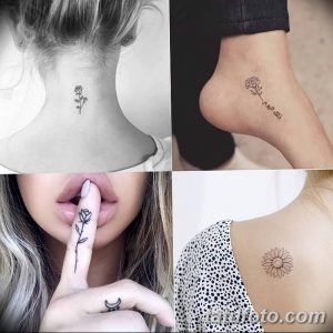 Коллаж из четырех фотографий с женственными татуировками в виде маленьких цветов и бутонов. Рисунки выполнены в технике тонких линий.