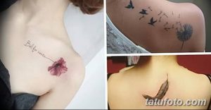 Фото тату: коллаж из трех татуировок - цветок мака на плече, птицы на спине и перо на шее. Рисунки выполнены в реалистичном стиле с использованием ярких цветов.