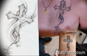Эскиз татуировки креста с четками. Черно-белый рисунок тату с детально прорисованными четками, обвивающими крест.
