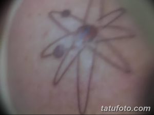 Фото тату с изображением простого эскиза атома. Черные линии, минималистичный дизайн, небольшое изображение.