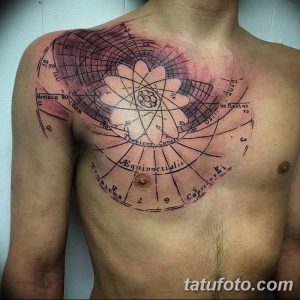 Фотография масштабной татуировки на груди и плечах, изображающей карту звездного неба с элементами астрологии и анатомии.