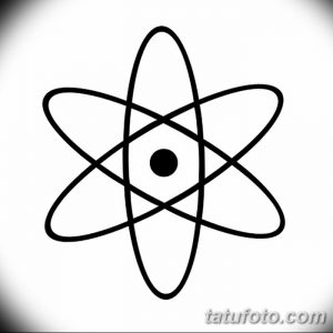 Черно-белый эскиз татуировки атома. Классическое изображение с ядром и орбитами, идеально подходит для минималистичных тату.